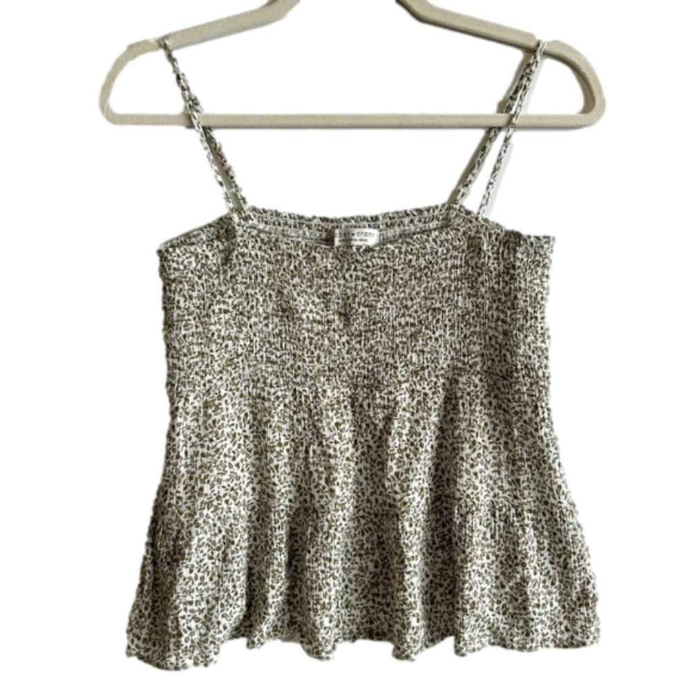 Paper Crane Smocked Floral Olive Green White Spaghetti Strap Cropped Cami Sz Med